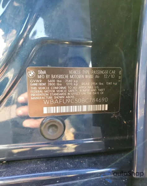 2011 BMW 550 Xi z USA, uszkodzony, nr VIN WBAFU9C50BC784690